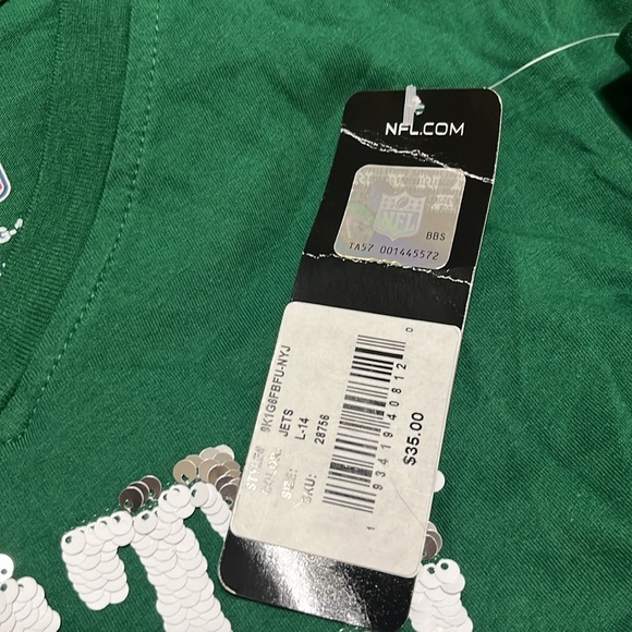NFL Jets Girls Team Apparel V Neck T-Shirt size L (14) white green with sequin - Picture 9 of 9